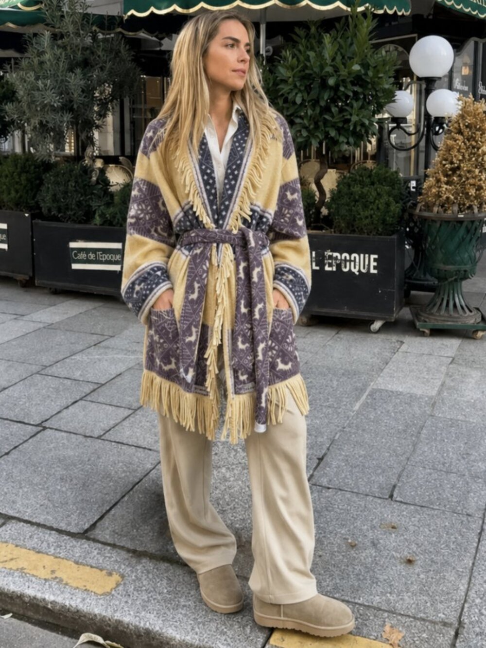 Handmade Fleece Fringe Jacket Robe Size Large Yellow Grey Boho (c8)